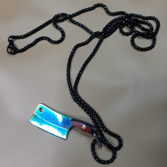 Hatchet Cleaver Wood Butcher Knife Iridescent Rainbow Necklace Wood - Picture 14 of 15